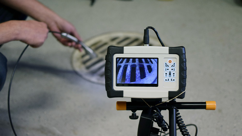 Caméra d’inspection de canalisations affichant des images en direct près d’une grille d’égout.